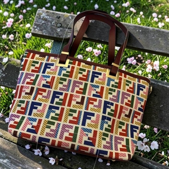 Fendi Handbags - Fendi Multicolor FF-Logo Canvas Tote with Brown Leather Straps